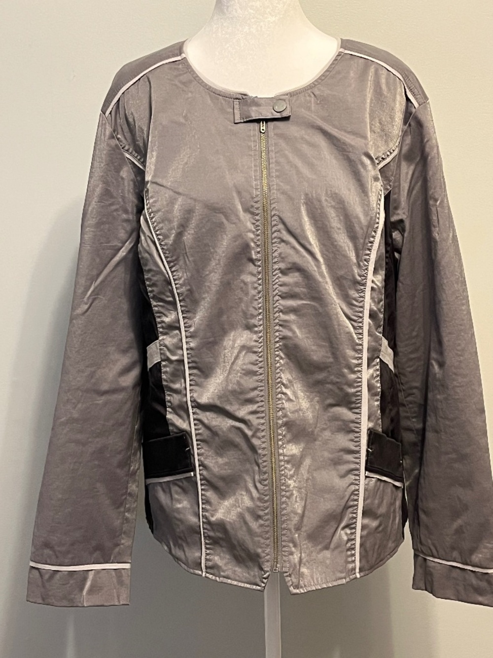 Christopher & Banks Metallic Gray Zip Jacket Black Side Panels Collarless XL